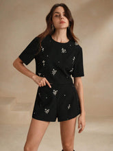 Anewsta 2pcs/Set Elegant Beaded Decoration Short Sleeve Shorts Summer Outfit